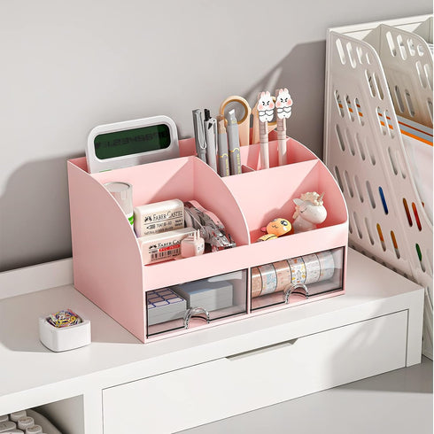 Desk Organizer with 6 Compartments and 2 Drawers, Plastic Makeup Organizer for School Home Office Supplies