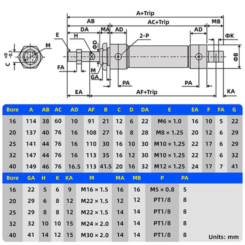 TAILONZ PNEUMATIC 25mm Bore 125mm Stroke Air Cylinder Double Action with Y Connector and 2Pcs 6mm Fitting MAL25x125