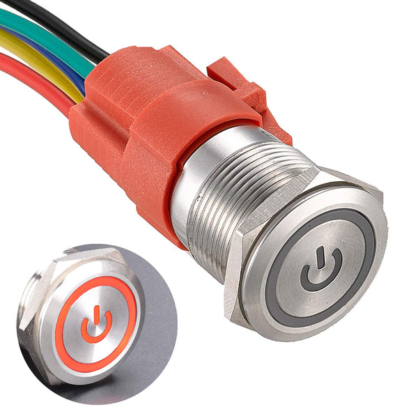 APIELE 19mm Latching Push Button Switch, 3/4" 12V Power Symbol Car Metal with Socket Plug, 1NO1NC SPDT ON/Off, Red