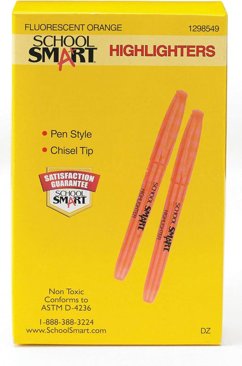 School Smart Highlighters, Pen Style, Chisel Tip, Orange, Pack of 12