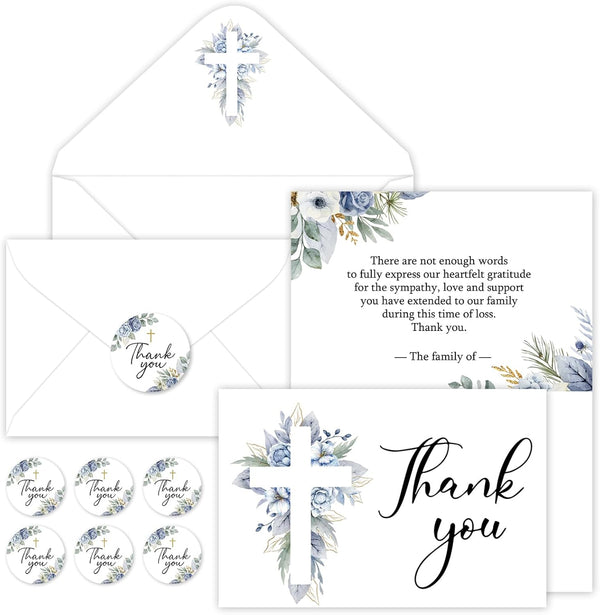 FYSUIMU 50Pcs Funeral Thank You Card Cross Flower Sympathy Boxed Thank You
