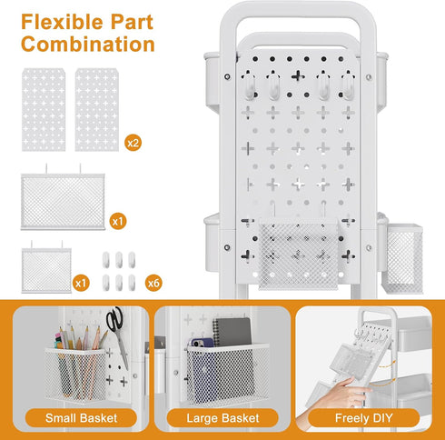 Rcemlip 3 Tier Rolling Cart Metal with DIY Pegboard, White Utility Cart with Lockable Wheels, Three Tiered Craft Cart