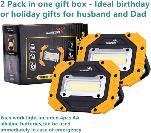 sunzone (2 Pack) Portable LED Work Light,AA Battery Powered Flood Lights,Super Bright Workshop Job Site Lighting