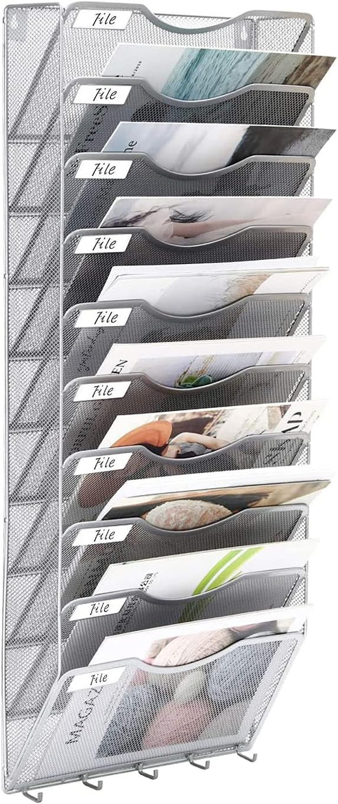 EasyPAG 10 Pocket Hanging File Organizer, Wall Mount Vertical File Holder with 5 Key Hooks, Silver for Office and