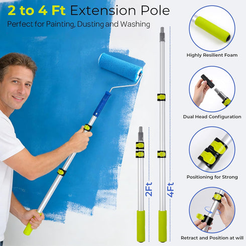 32PCS 2 4 4" 9" 11'' INCLY Paint Roller Kit with to Ft Extension Pole, & Paint Rollers with Tray, Paint Brushes