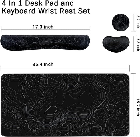 Set, 4Pcs (35.415.7 Set Topographic Mouse Pad Extended Mouse Pad+Keyboard Wrist Rest, Memory Foam Ergonomic Easy