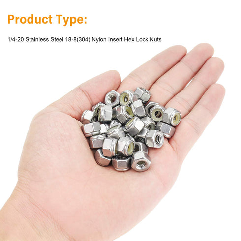 60 Pieces 1/4"-20 Nylon Insert Hex Lock Nuts, Made of 304 Stainless Steel