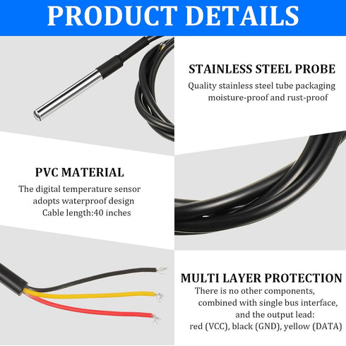 Weewooday DS18B20 1 m/ 3.2 Ft Digital Temperature Thermal Cable Waterproof Probe Sensor -55°C to +125°C, Compatible with Arduino/Raspberry Pi(15 Pieces)