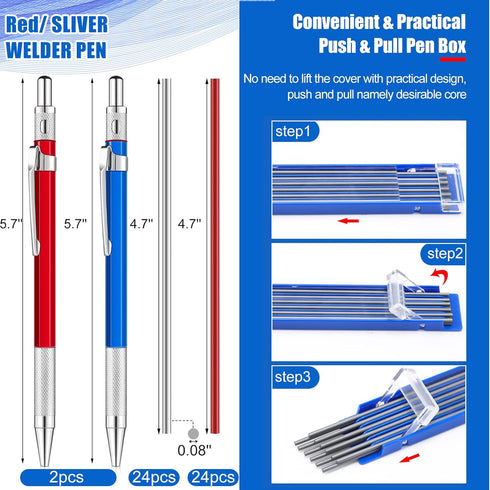 2 Pcs Welders Pencil with 48 PCS Round Refills Mechanical Pencils Metal Welding Marker for Tube Pipe Fitter Welder Steel Construction Woodworking (Red, Silver) by Gersoniel