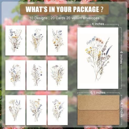 WEIZHEN 20-Pack 4x6 Watercolor Wildflowers Blank Greeting Cards with Envelopes - Blank Cards for Personalized Messages