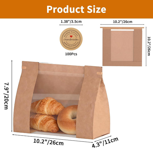 100 10.244.3310.24 80g 100 Bread Bags with Window Pcs Sourdough Homemade Bread Bags, in, Kraft Paper with Waterproof PE
