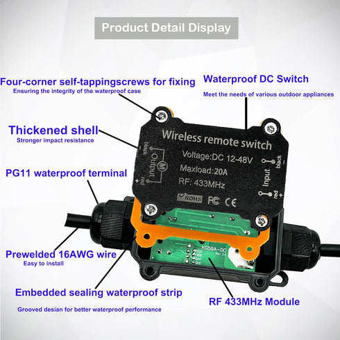 Meskliu DC12/24/48V 433Mhz 20A 164ft Remote Control Switch, Waterproof Wireless Transmitter Receiver Kit, RF Module