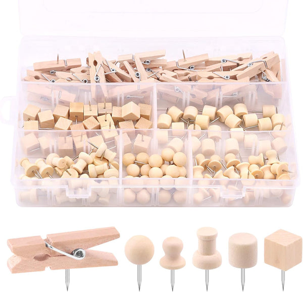 Swpeet 135Pcs Wood Push Pins Assortment Kit, Wooden Head Pins Steel Thumb Tacks for Cork Boards and Crafts
