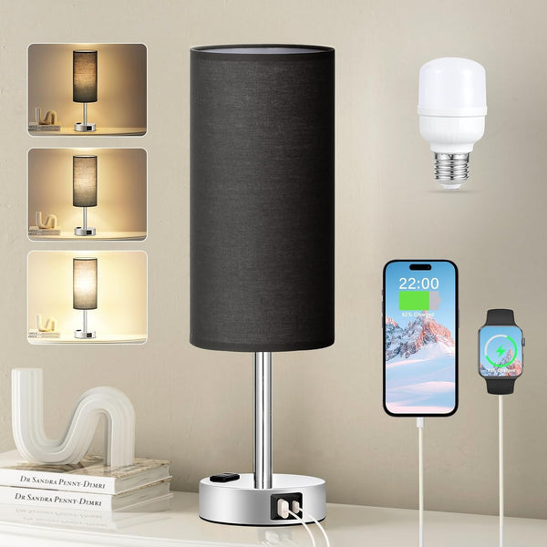 Black Bedroom Table Lamp for Bedside - 3 Way Dimmable Touch Lamp