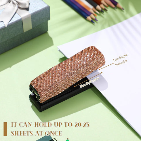 Bling Crystal Stapler Gift, Sparkly Diamond Stapler for Desk, Handmade Clay Rhinestone Machine Stapler (Champagne Gold)