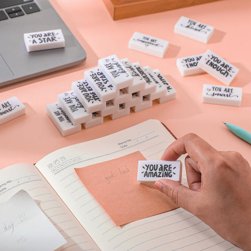 PerKoop 200 Pcs Inspirational Pencil Erasers, White Small Block Erasers, Motivational Bulk Erasers for Kids, Teachers
