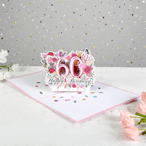 HOMANGA 60th Birthday Pop Up Card - Happy 60th Birthday Greeting Card for Her, Women, Wife, with Blank Note and Envelope
