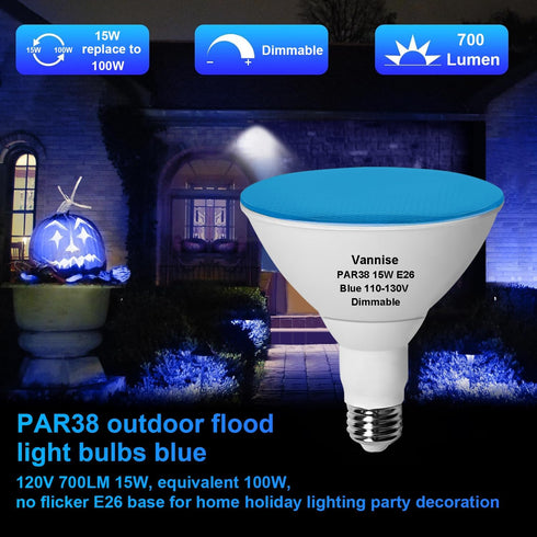 PAR38 Bulbs 2 Pack 700LM PAR38 Bulbs Dimmable 15W, 100W, 38 120V, E26 Outdoor Flood Light Blue, Blue Equivalent No