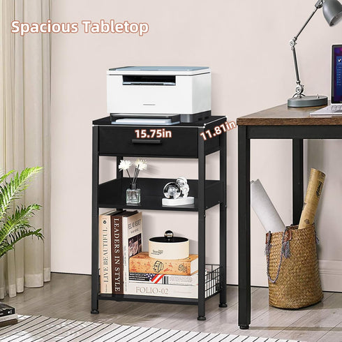 Lerliuo Pure Black Printer Table - 3 Tier Industrial Wood Stand with Fabric Drawer, Modern Tall End Table