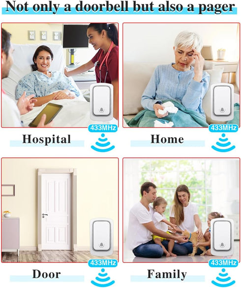 Wireless Doorbell Kit, 150M Range, 38 Melodies, IP44 Waterproof, Mute Mode, CD Quality Sound, LED Flash, White