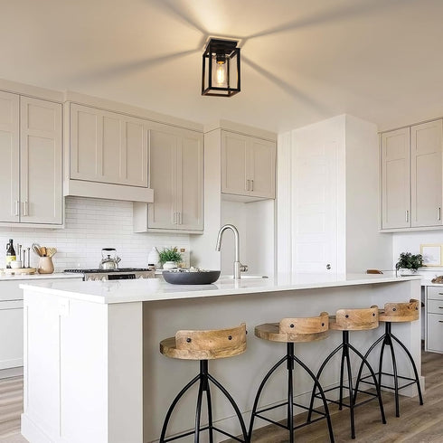 E26 Baocuz Semi Flush Mount Ceiling Light Fixture, Black Metal Frame Porch Ceiling Light Fixture with Clear Glass Shade