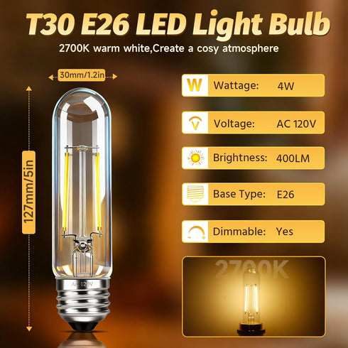 T10 Bulb Dimmable Bulb E26 4W 40 Bulbs 2700K 400LM, 2 Pack LED Tubular Light Equal Watt Long Edison Light Warm White