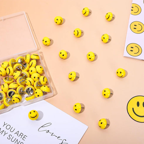 Whaline 50Pcs Resin Happy Face Push Pins, Cute Yellow Cork Board Thumbtacks for Bulletin Board Decor