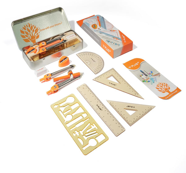YPLUS 11 Pcs Geometry Set for Students, Math Protractor Compass with Rulers for Class Supplies