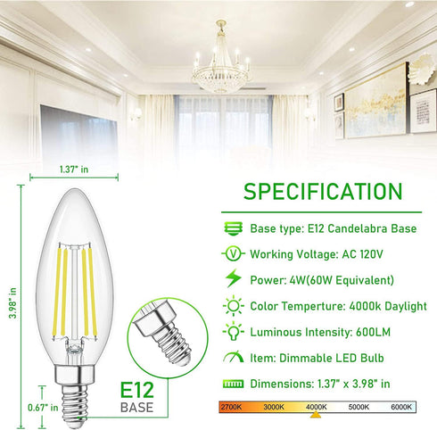 winshine E12 Candelabra LED Bulbs Dimmable 4000K Daylight 60W Equivalent,Type B Light Bulb for Chandelier, C35 Ceiling Fan Light Bulb Clear Glass,600LM,6 Pack by winshine