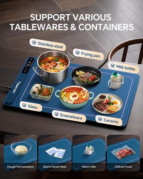 7 Settings, Food Warming Mat, Silicone Heating Tray with Temperature Quick Full Surface Heating Pad, Thermochromic