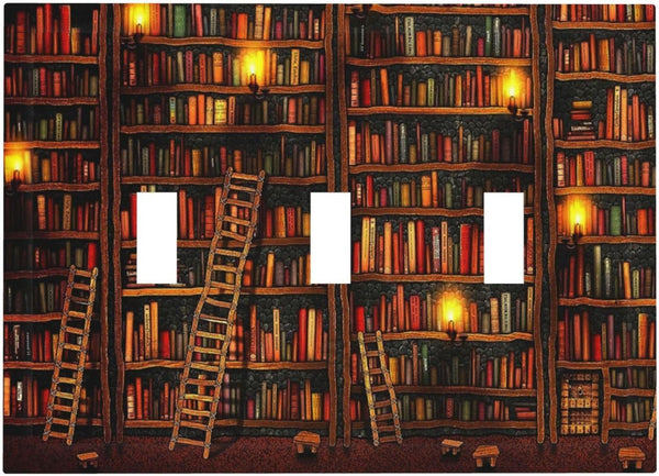 Vintage Printed Bookshelf Library Books Bookcase Triple Toggle Light Switch Covers Decorative