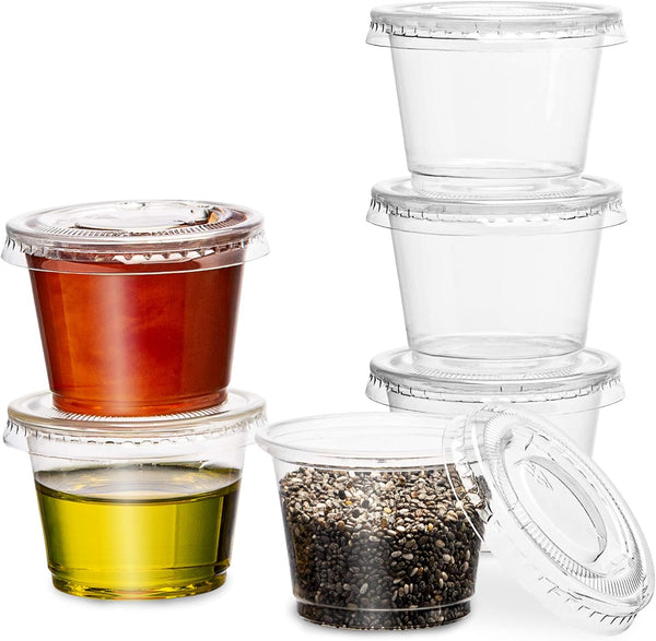 Clear Disposable Plastic Portion Cups (1 Oz, 100 Sets) - Jello Shot Cups with Lids for Condiments, Sauce, Dressing