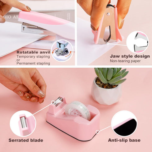 Pink Office Supplies Kit, Cute Desk Accessories for Women, Stapler and Tape Dispenser Set with Staple Remover, Clips,