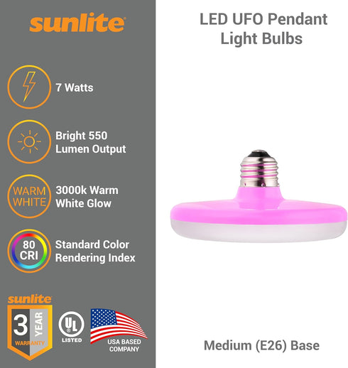 Bulbs, 7 550 3000K E26 120 110 Sunlite LED UFO Pendant Light Watts, Lumens, Warm White, Medium Base, Volts, Degree Beam
