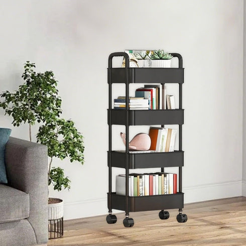 4 Tier Rolling Cart with Wheels, Black Kitchen Cart, Bathroom Carts with Handle, Bedroom Storage Carts, Plastic Storage