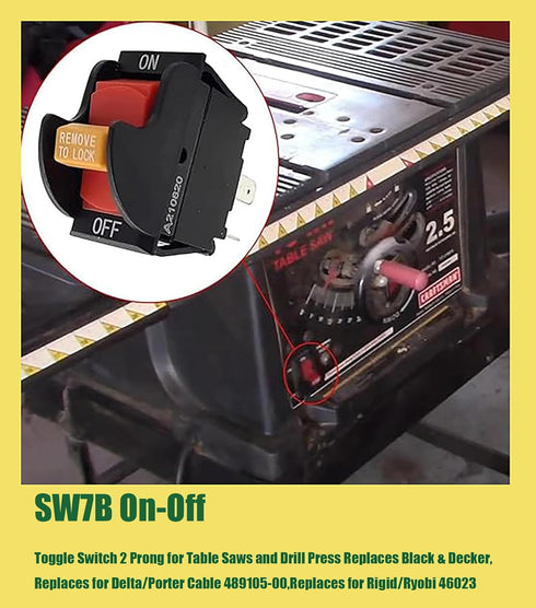 SW7B On-Off Toggle Switch 2 Prong, Replacement for Delta, Ryobi 46023, for Power Tools