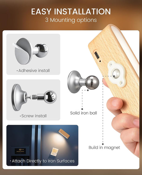 360 Wood LED Wall Sconce, Magnetic Rotatable Wall Mounted Night Light & Reading Light, Small Rechargeable Battery