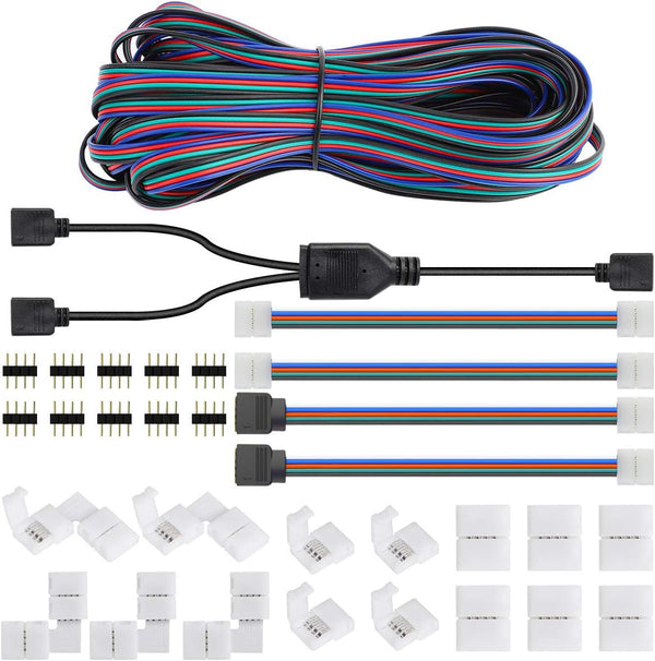 SUPERNIGHT 3528 2835 4 Pin 8mm LED Strip Connector Kit, RGB Rope Lights Gapless Solderless Clip, 32.8ft Extension Wire