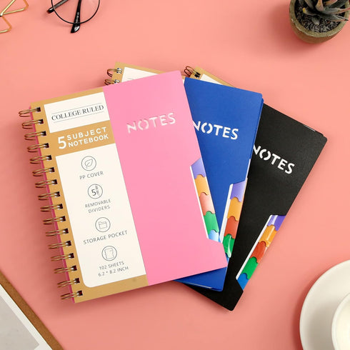 CAGIE 5 Subject College Ruled Notebook, 6'' x 8'' Hardcover with 5 Removable Dividers, 204 Pages