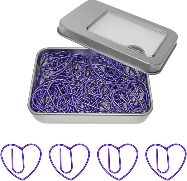 Cute Heart Paper Clips, Purple Paperclips, Gift Idea, 50 Pack