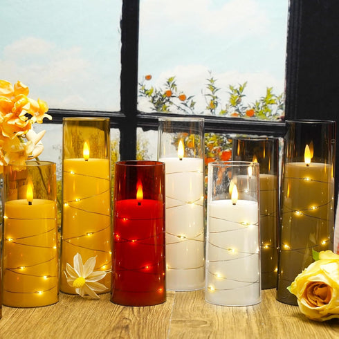 9 Nimiko Flickering Flameless LED Candles, Pcs with Embedded Star String, Acrylic LED Pillar Candles with Remote