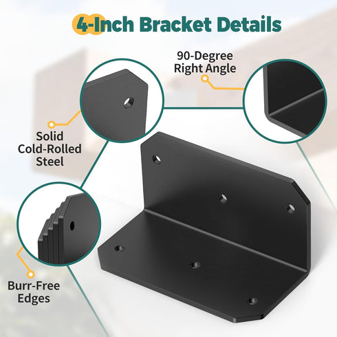 4 Inch 90 4"2"2" (Black-4PCS) Galvanized L Bracket, Degree Corner Brace for Wood, Heavy Duty Angle Bracket for Floating