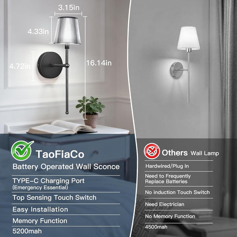 Set 2, Dimmable 5200mAh, TaoFiaCo Battery Operated Wall Sconces of Wireless Wall Sconce with Remote Timer, Rechargeable