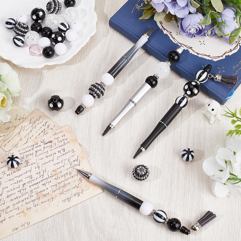 SUNNYCLUE DIY 12 Sets Beadable Pen Kit with Black White Acrylic Beads, Rhinestone Bubblegum Beads