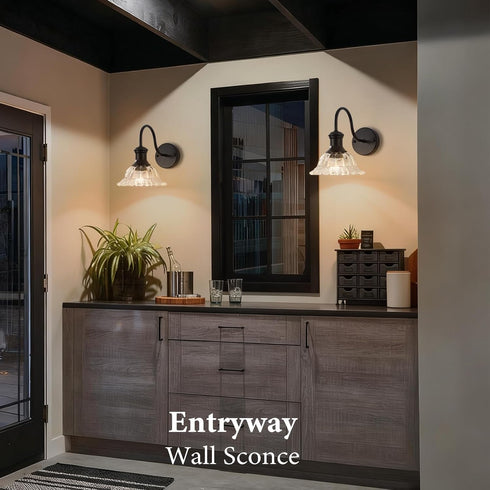 MKonpeny 1 Pack Bathroom Wall Sconce, Black Wall Lamp with Pressed Patterned Glass Lampshade, Farmhouse Wall Light