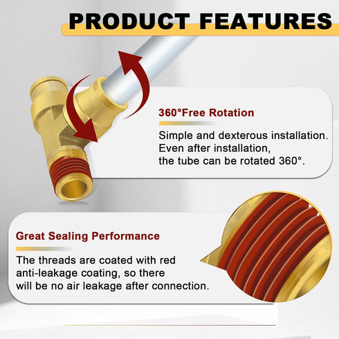 Siptenk 3/8" OD Tube 1/4" Side NPT Brass Tee Union DOT Air Fittings, 3PCS for Truck Trailers