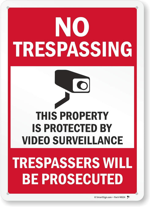 SmartSign 14 x 10 inch “No Trespassing” Metal Sign - Property Protected by Surveillance, Red, Black and White