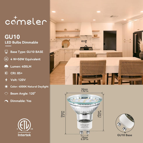 comzler GU10 LED Bulb Dimmable, 50W Halogen Equivalent, 4000K Natural Daylight, GU10 Replacement for Track Lighting