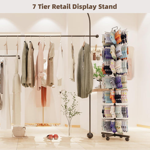 7 Retail Display Racks Tier Spinning Display Stand, Movable Shop Spinner Rack with Hooks, Retail Display Stand