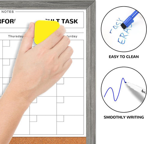 Monthly Whiteboard Calendar & Corkboard for Wall, 17"x13" Magnetic Dry Erase Board with Gray Wood Frame